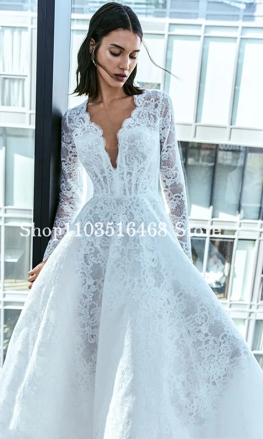 Sexy formelle Gelegenheit Hochzeit weiß schiere bestickte Schleier Langarm A-Linie lange Brautkleider vestidos novias boda