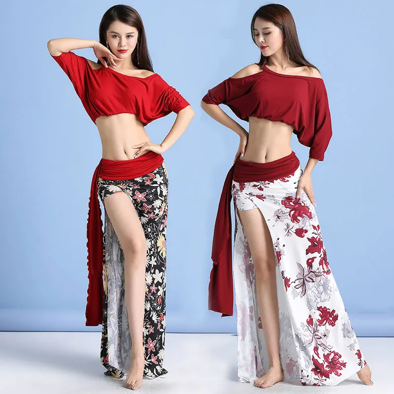 

Practice Dance Clothes Korea Adult Belly Dance Costume India Style Printed Woman Daily Dancing High Split Skirts Short Top