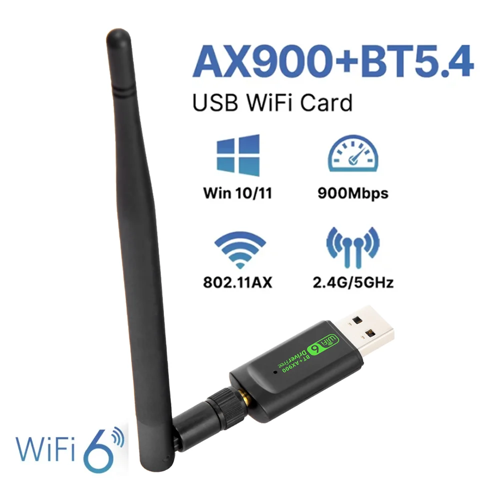 

Wi-Fi USB-адаптер AX900 Bluetooth 5,4 Беспроводная сетевая карта 2,4G/5 ГГц Wi-Fi-антенна USB-ключ для выпрямления для ПК/ноутбука Бесплатный драйвер