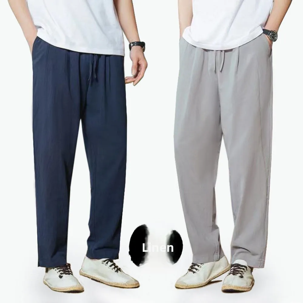 

Cotton Linen Men's Loose Straight Leg Harlan Pants Summer Casual Sports Trousers Comfortable Breathable Long Pants