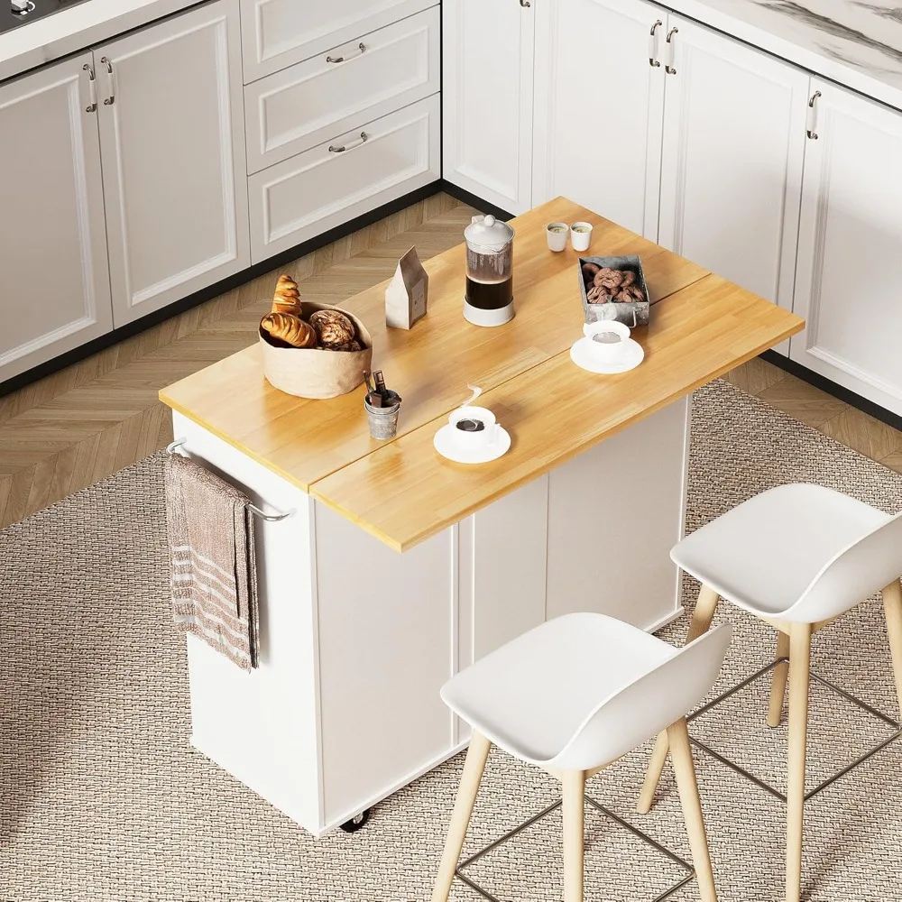 

Small Kitchen Island on Wheels with 3-Tier Side Spice Rack and Rubber Wood Top, Trolley Cart with Storage Cabinet & Drawer