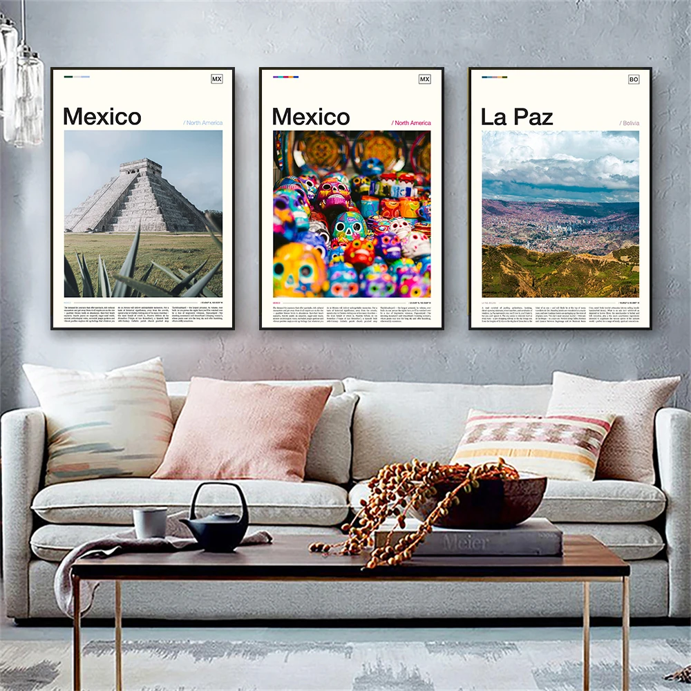 Mexico City Print Travel Poster Vintage La Paz Wall Art Cityscape Prints Colorful Landscape Canvas Painting Reading Room Decor