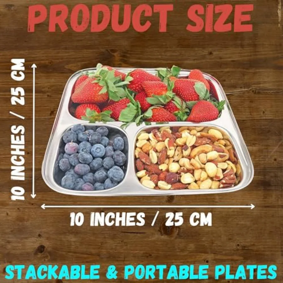 6-Pack Stainless Steel Plates, 3 Compartment divided trays 3 Sectional Dinner Plates For,Toddlers and Adults, Premium Dishes fo