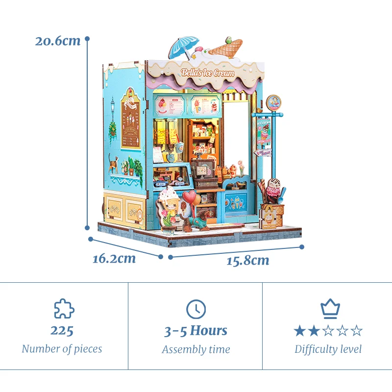 큐트비 DIY 북눅 키트 미니어처 나무 인형의 집 LED 조명 책장 삽입 3D 퍼즐 장식 모델 벨라의 아이스크림용