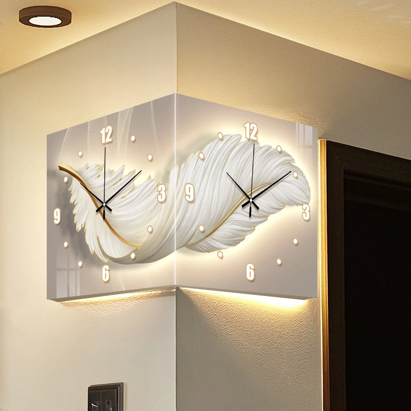 crylic Feather Double Sided Corner Wall Clock, Modern LED Light Wall Watch Home Art Decoration