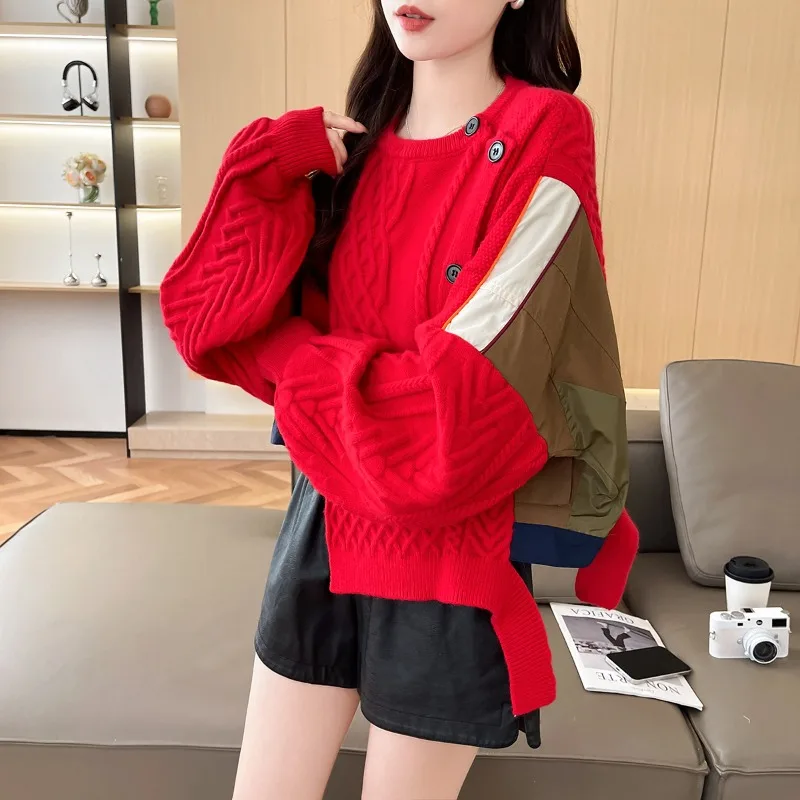 

Oversize Loose Spliced Knitted Sweater Women's Autumn Winter Patchwork Coat Thicken Streetwear Tops Cardigan Outerwear Sweaters