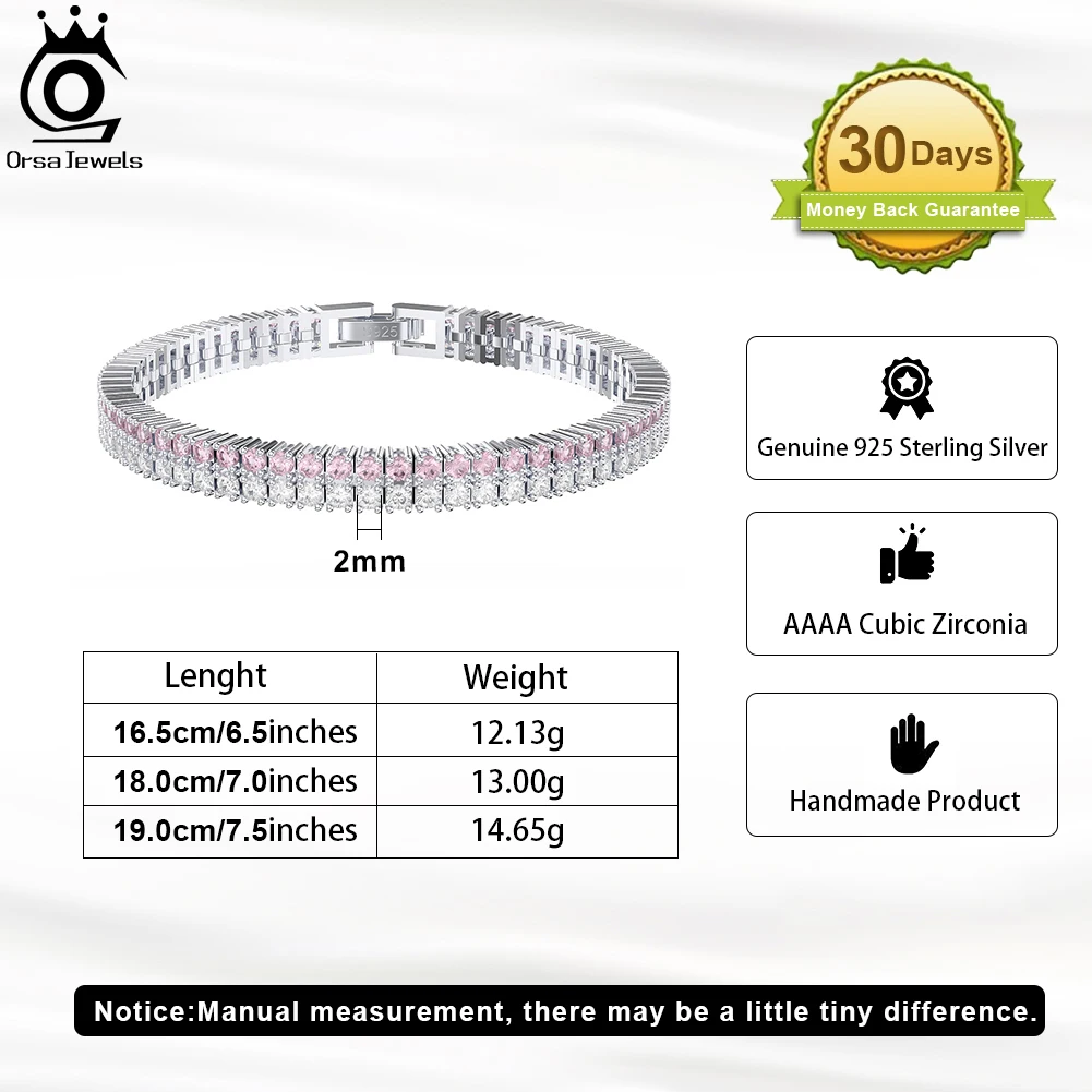 Rinntin 2 Rows Tennis Bracelet for Women 925 Sterling Silver Luxury Clear&Pink Cubic Zirconia Chain Bracelet Jewelry SB158