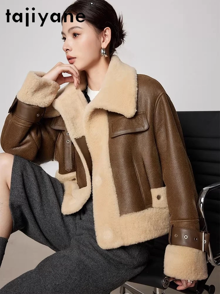 TAJIYANE 100% Merino Sheepskin with Wool Attached Jacket Women Motorcycle Short Real Fur Coat Winter Woman Clothing шуба женская