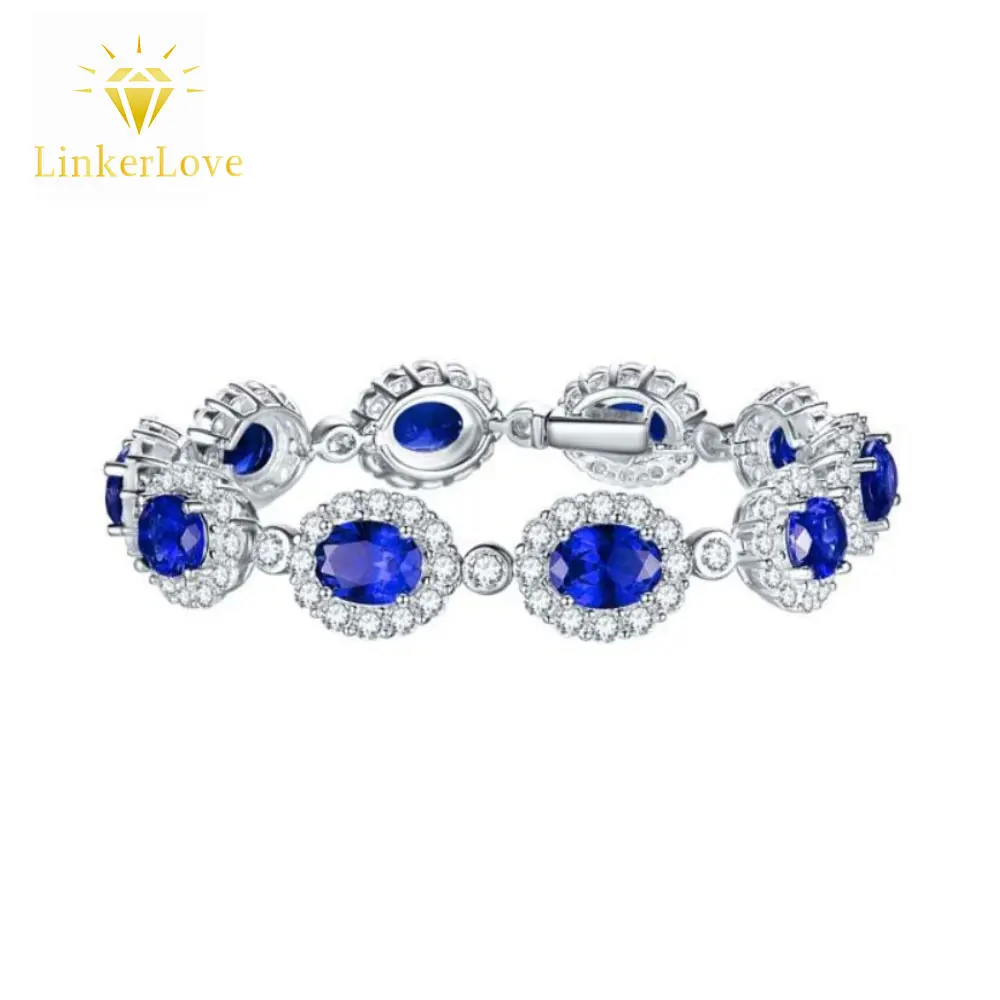 

LinkerLove S925 Silver Oval Cut Sapphire Link Bracelet with Zircon Halo Setting Luxury Royal Wedding Gift for Women Fine Jewelry