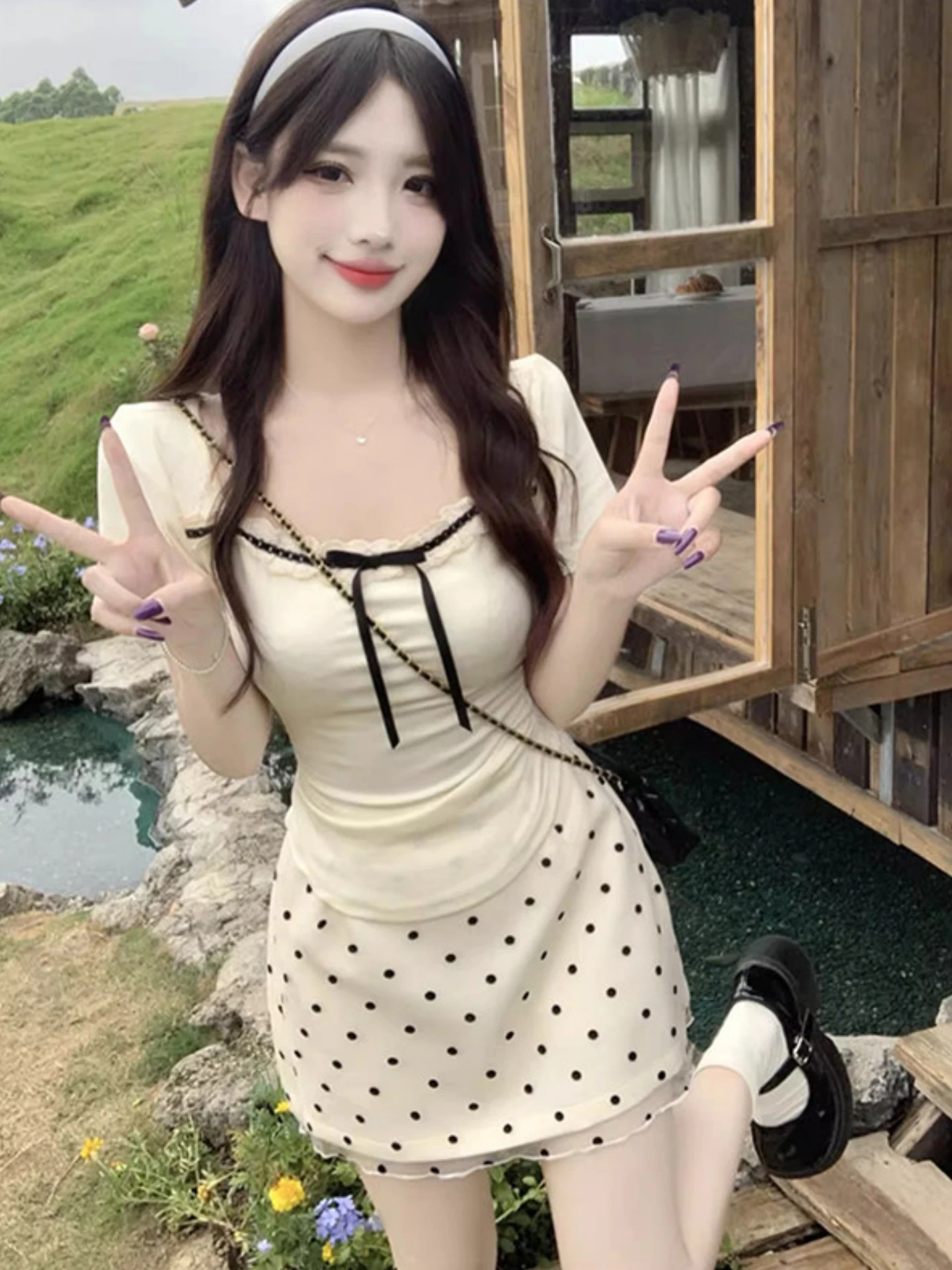 

Sweet Sle High Waist ort Sve T-irt And Polka Dot Skirt Set for Women Knot Top Summer Outfit