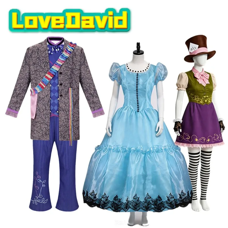 

Fantasia Women Mad Cosplay Hat Hatter Costume Cartoon Alice Dress Men Top Pants Outfits Halloween Disfraz Carnival Party Suit