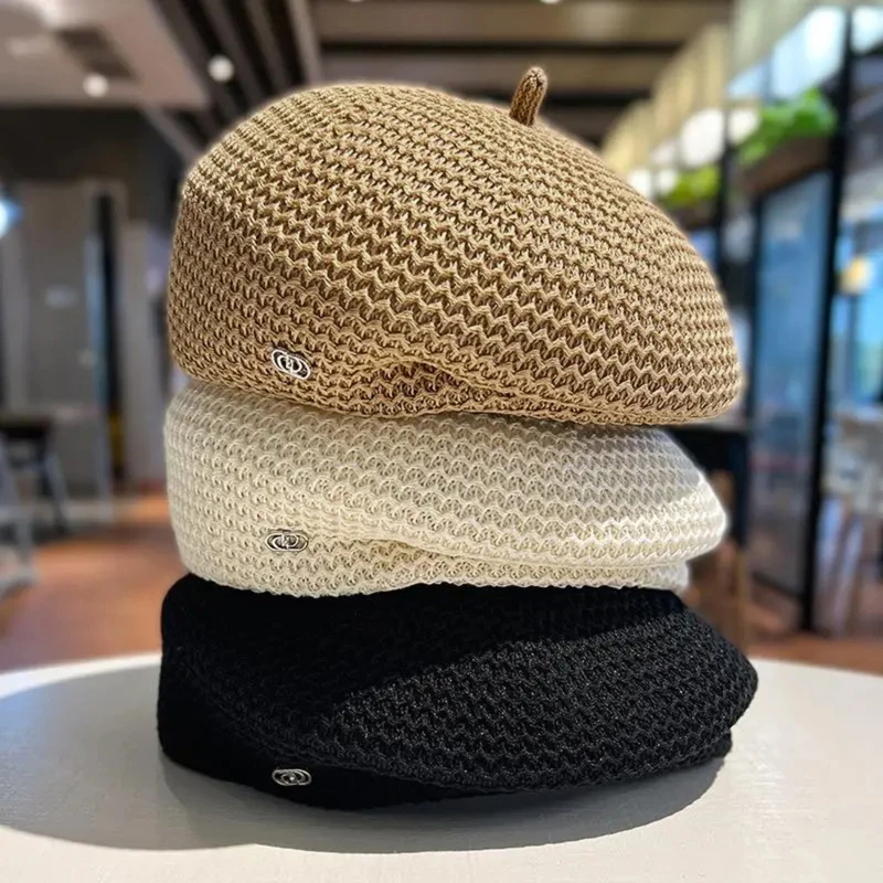 Women Fixed Pleated Straw Beret Summer Knit Breathable Big Artist Fashion Painter Hat