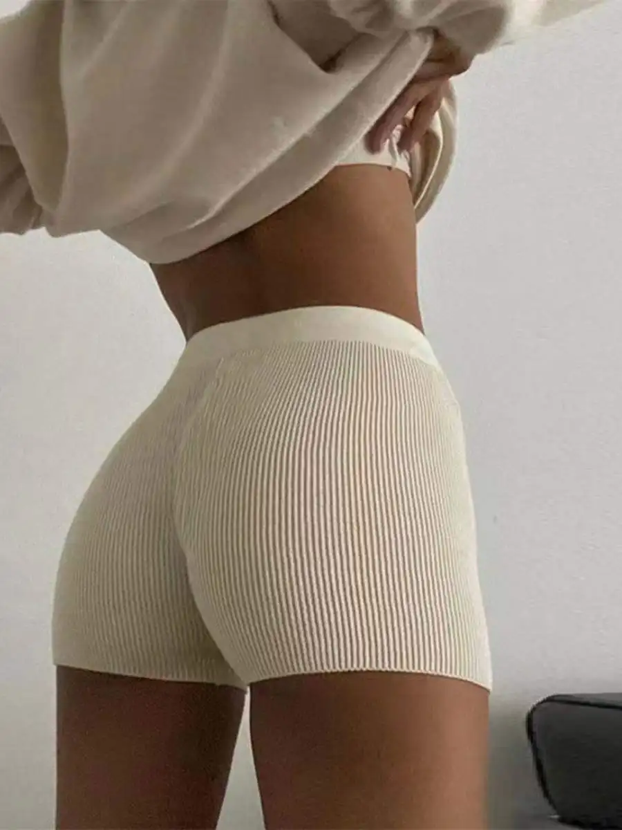 High Waist Cotton Ribbed Shorts Women's Tight Fit Summer 2024 New Style Sporty Base Layer Pants Pure Cotton Breathable