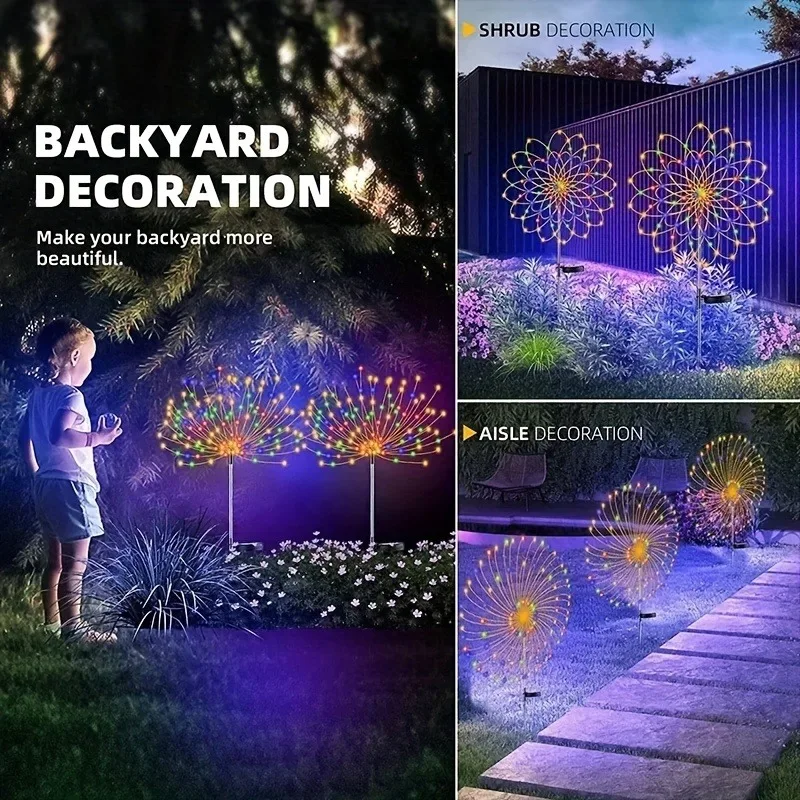 8-Mode Solar LED Fireworks Fairy Lights Multi-Color IP65 Waterproof Solar Garden Flower Lights for Outdoor Garden Yard Weddings