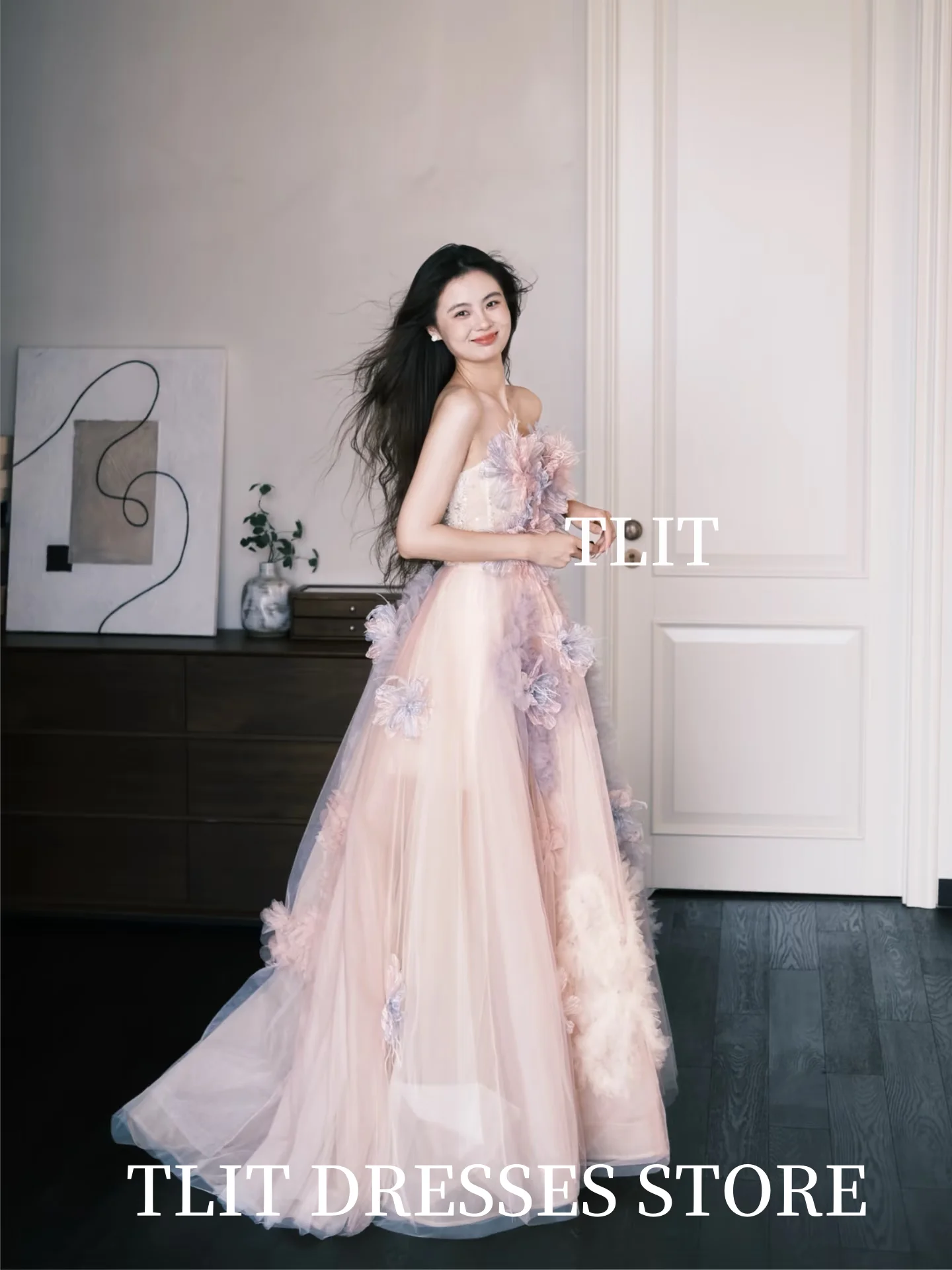 TLIT Fairy Candy Color Tulle Evening Dress Korea Wedding Dress Photo Shoot Strapless Appliques Flowers Prom Gowns Customized