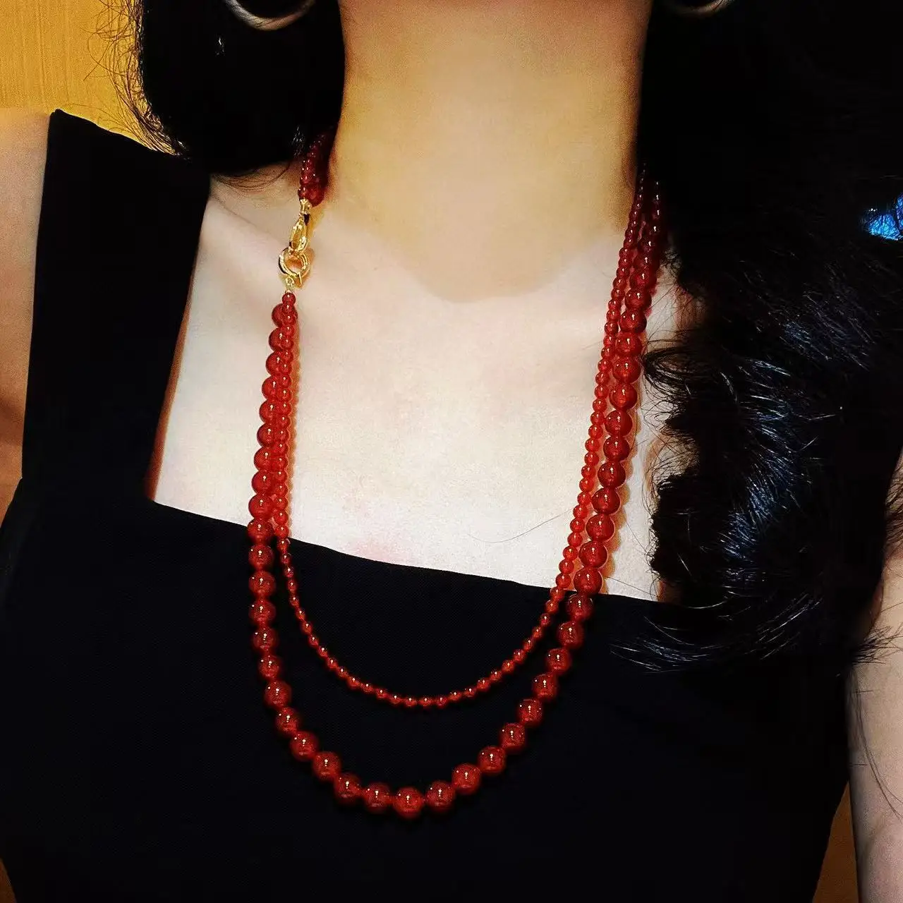 

7A Autumn and Winter High-quality Natural Red Chalcedony Agate Design Double-layer Sweater Chain Necklace Collarbone Chain