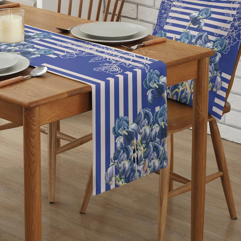 Linen Table Runner Blue Flower Line Decoration Table Runner Table Wedding Party Decoration Tablecloth Festive Accessories