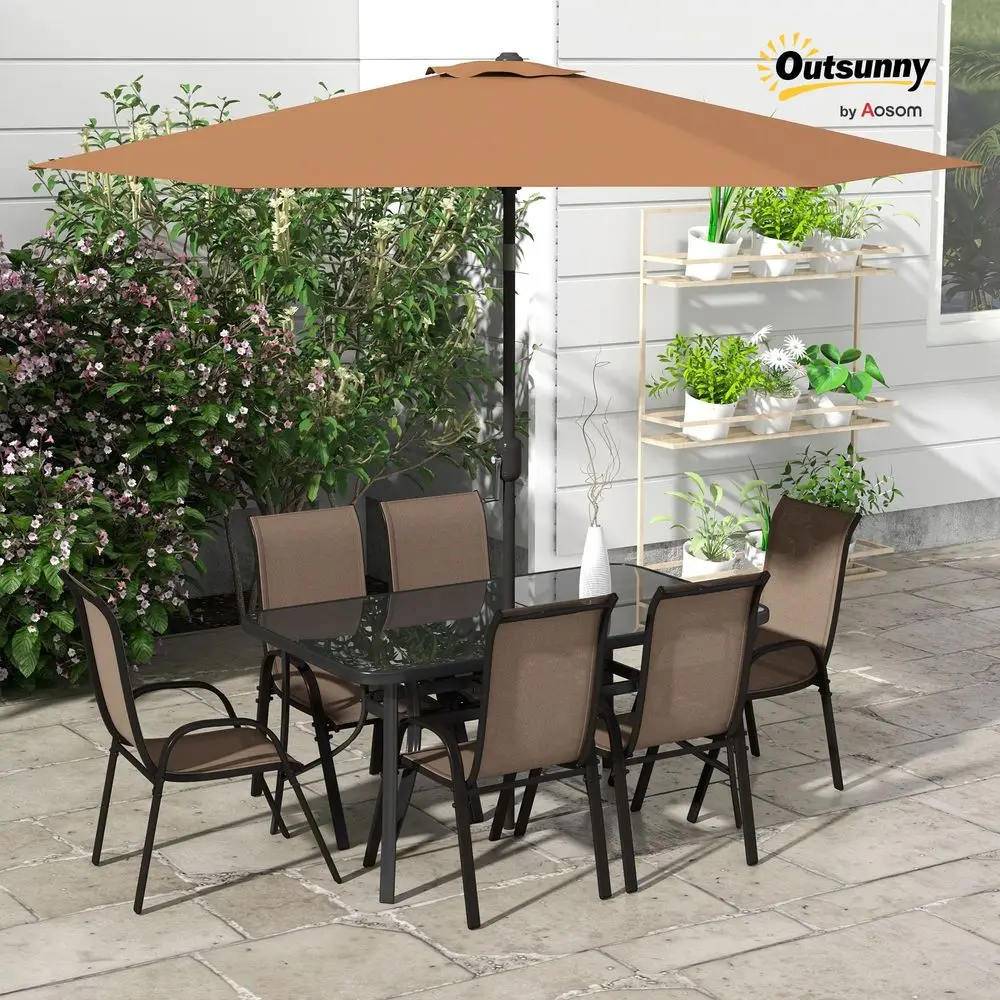 

8 Pieces Patio Table and Chairs Set with 9 Ft Patio Umbrella, Outdoor Dining Set with 4.6 Ft Dining Table and 6 Chairs, Push Bu