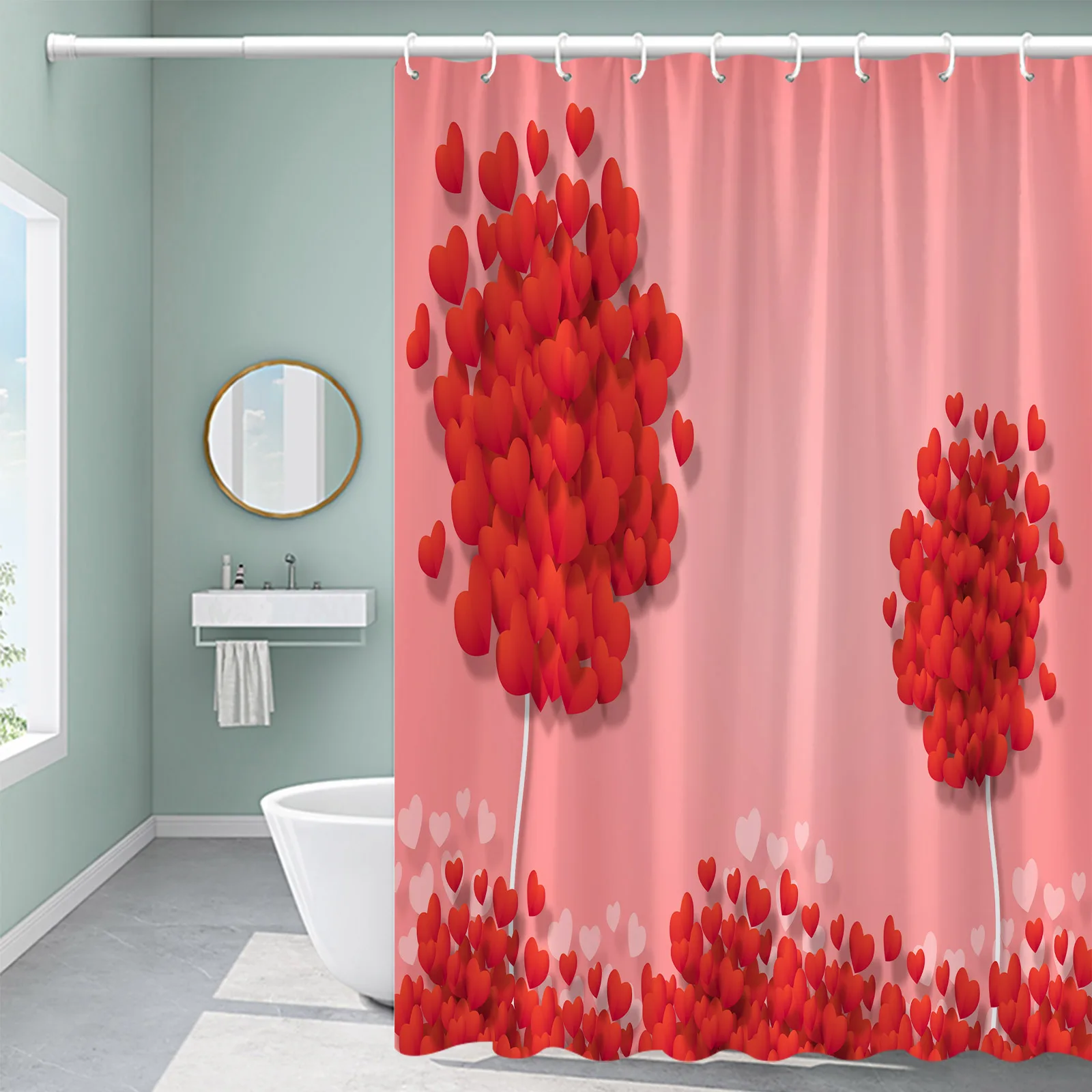 Decoración del Día de San Valentín, rosas rojas Cortina de ducha con globos, flor colgante, corazones completos de árbol, cortina de baño de tela estampada