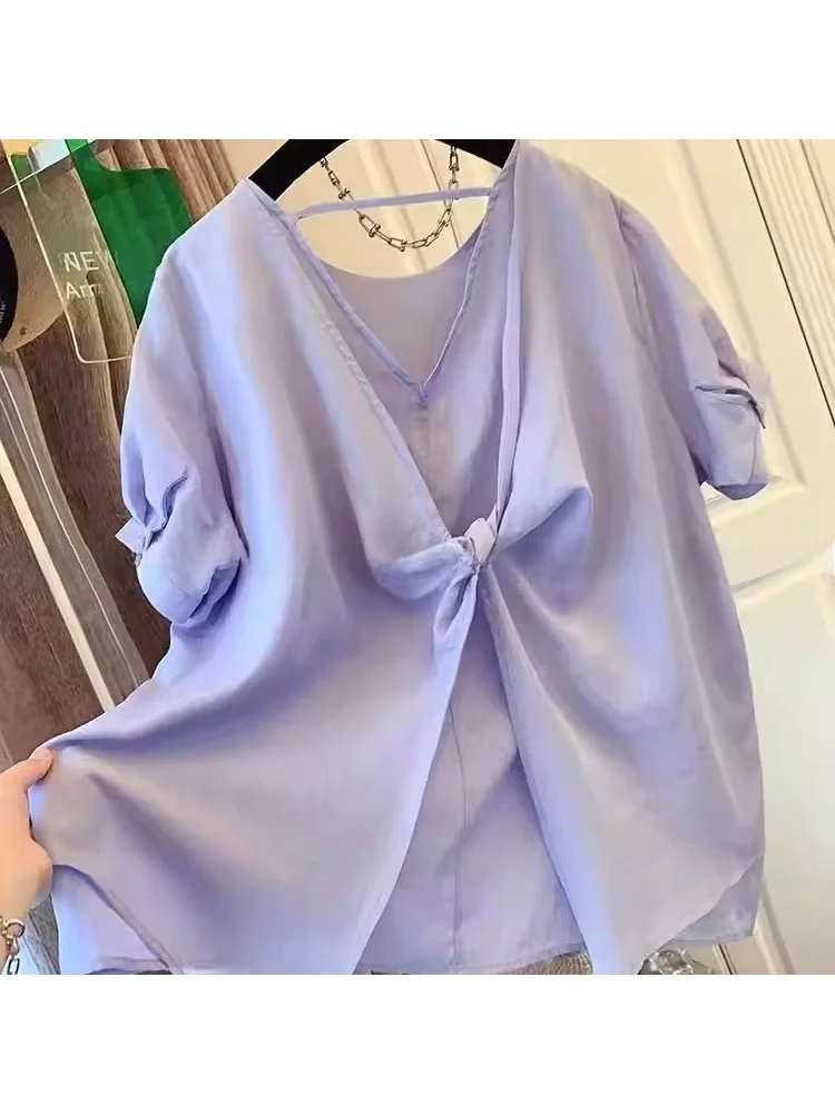 

Summer Large Size Men's Women's Faionable Knot Bow irt Casual Sle ort Sve V-Ne Color Polyester