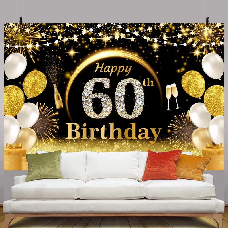 60th Backdrop 60 Years Birthday Party Theme Decorations for Man Woman Anniversary Banner Black Gold Glitter Photo Background