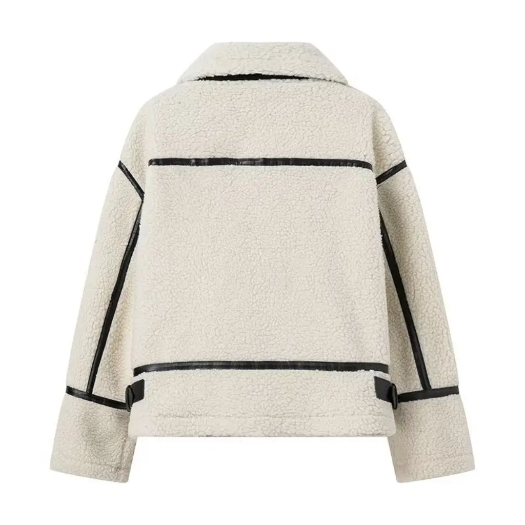 

Zatrax-женское пальто на молнии с контрастными лацканами из овечьей шерсти, весна-осень, европейско-американский стиль