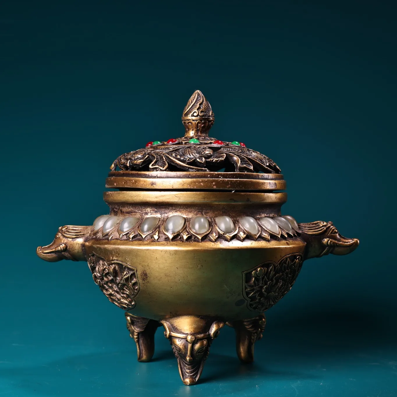 

8"Tibetan Temple Collection Old Bronze lotus texture Mosaic white jade hollow out Beast head three legged incense burner