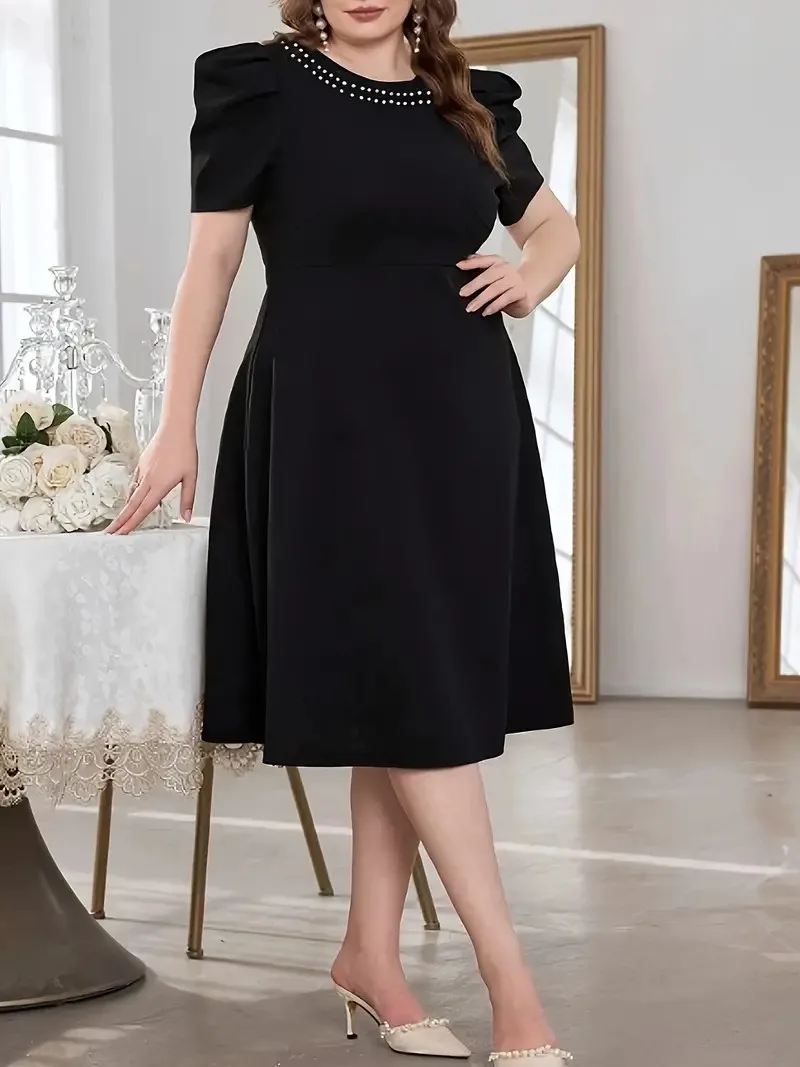 GIBSIE Plus Size Elegant Beaded O-Neck Puff Sleeve Black Dress Women Summer High Waist Office Ladies Party Slim A Line Dresses