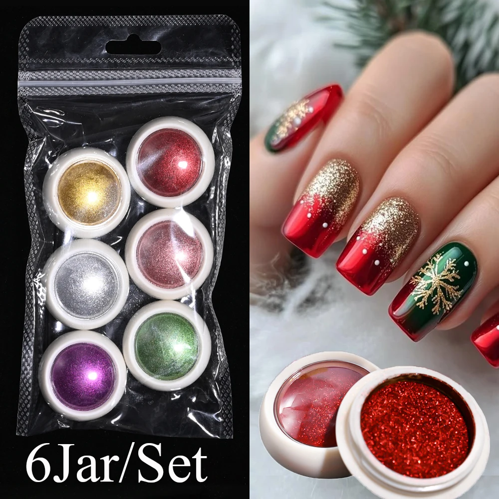 

6Jar/Set Christmas Magic Mirror Chrome Nail Powder Red&Green Holographic Metallic Effect Pigment Dust DIY Christmas Nail Powders