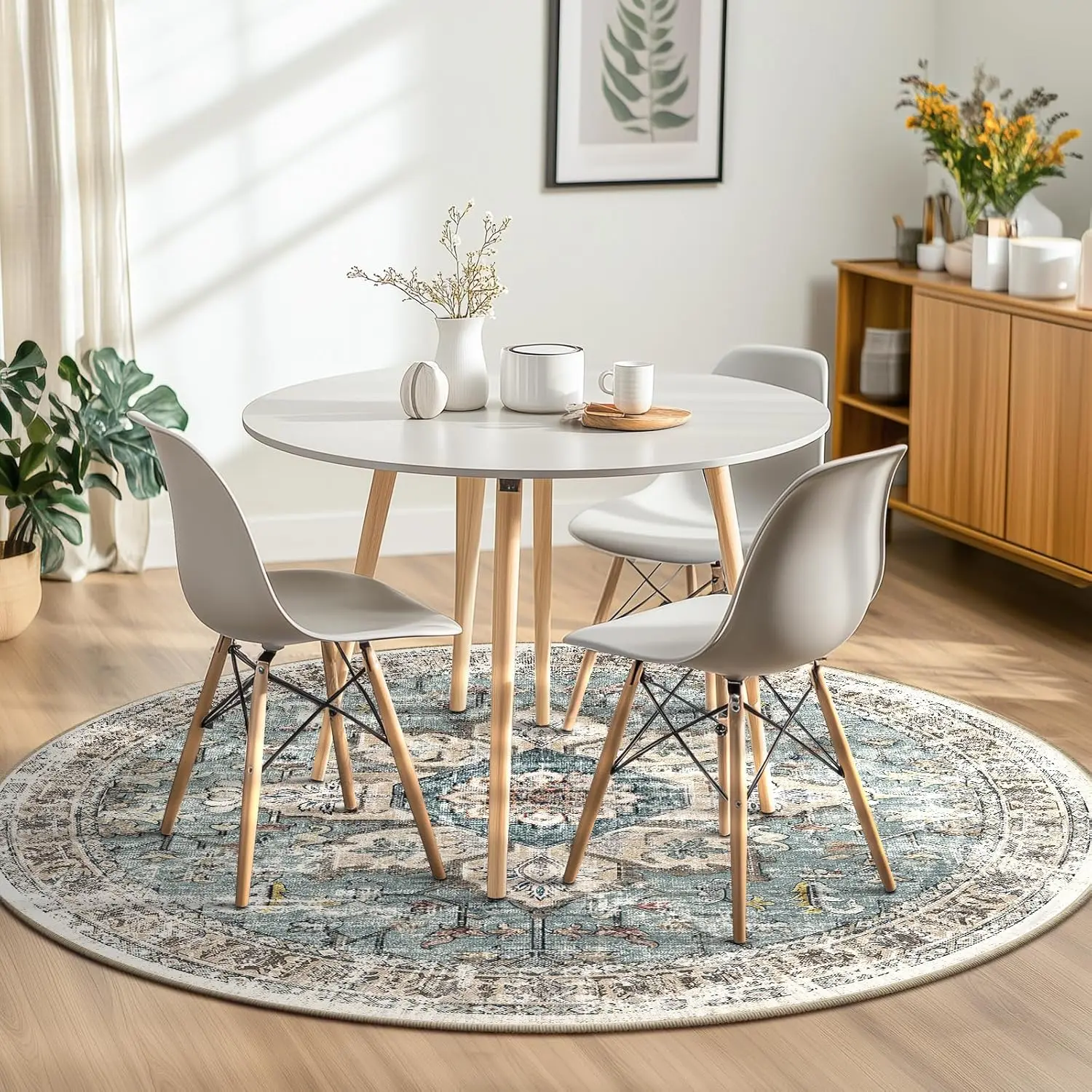 Distressed Turquoise Vintage Rug Central Medallion Floral Border for Cozy Corner