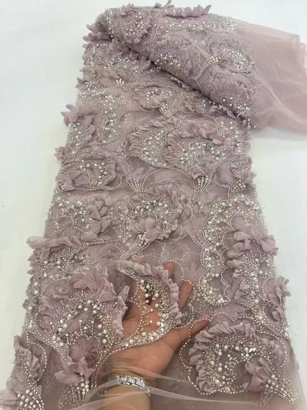 African Lace Fabric 2025 High Quality French 3D Flower Sequins Embroidery Beads Tulle Lace Fabric for Party Dress