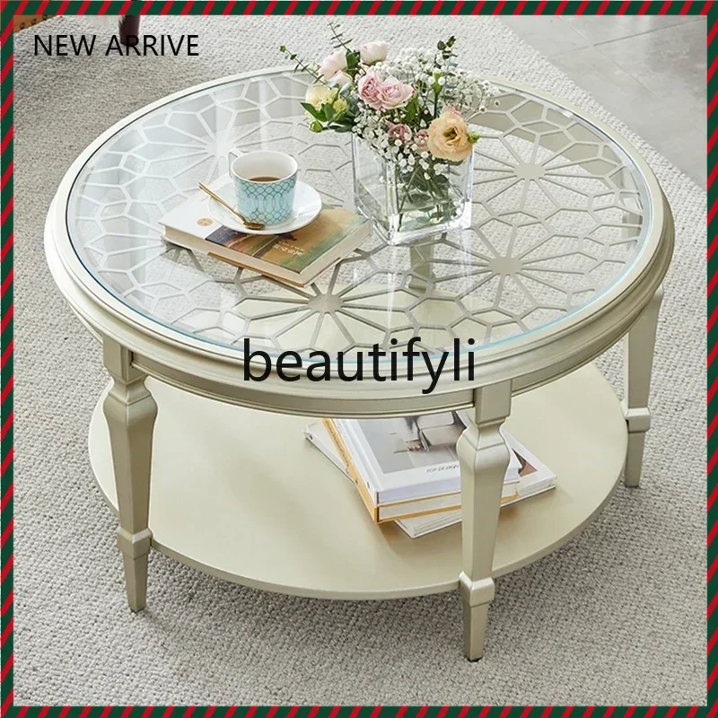 

Round solid wood carving flower hollow tea table glass coffee table light luxury modern French small G1218