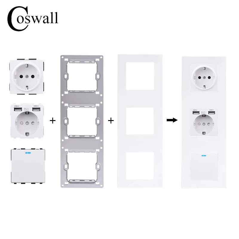 COSWALL E20 Series White Vertical PC Panel Wall Switch EU French Socket HDMI-compatible USB Type-C Charger TV RJ45 Module DIY