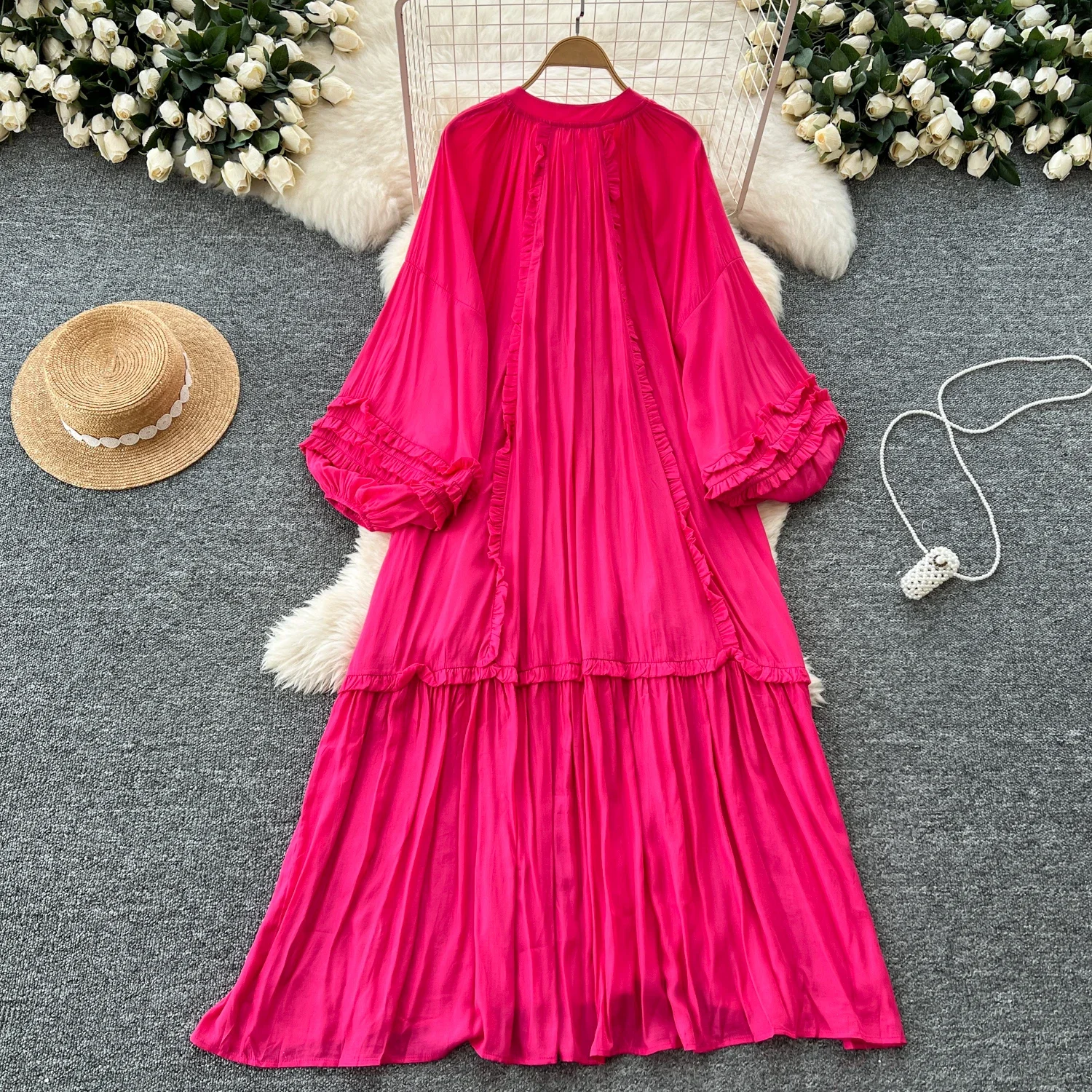 Vintage O-neck Lace-up Single Breasted Fashion Lantern Long Sleeves Elegant Loose Ruffle Dress Korean High Street Women Clothing