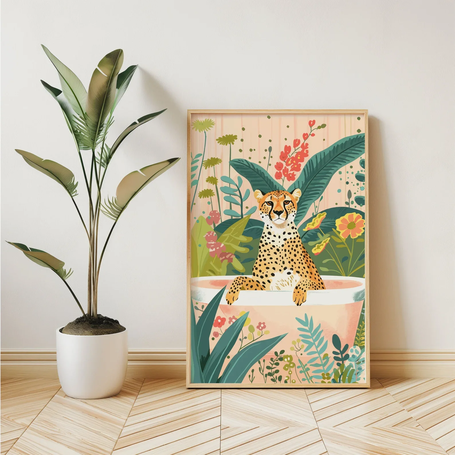 Cheetah Wall Art, Animal Kids Room Print, Boho Jungle Bathtub Poster, Maximalist Botanical Eclectic Tropical Poster, Bathroom