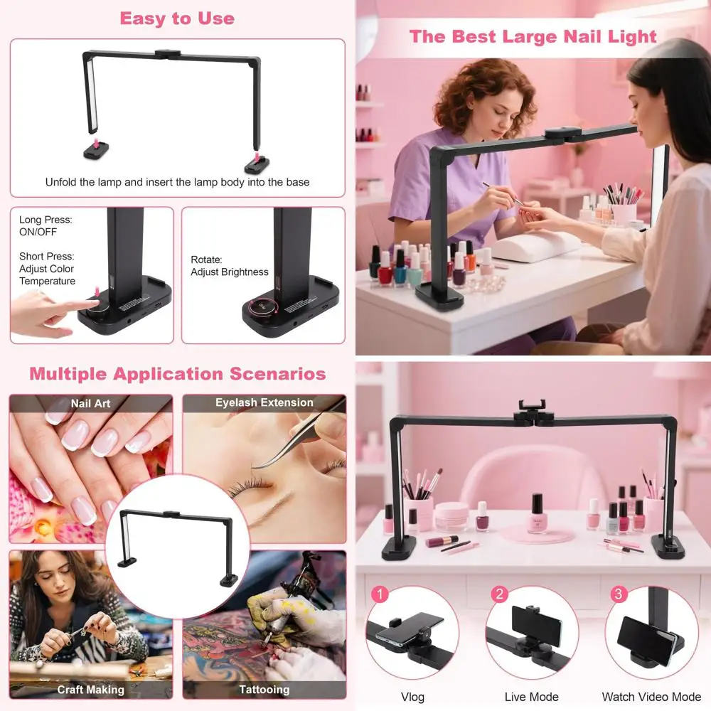 

Регулируемая светодиодная настольная лампа для маникюра с диапазоном температур 3000-6000K и 456 светодиодами, черная