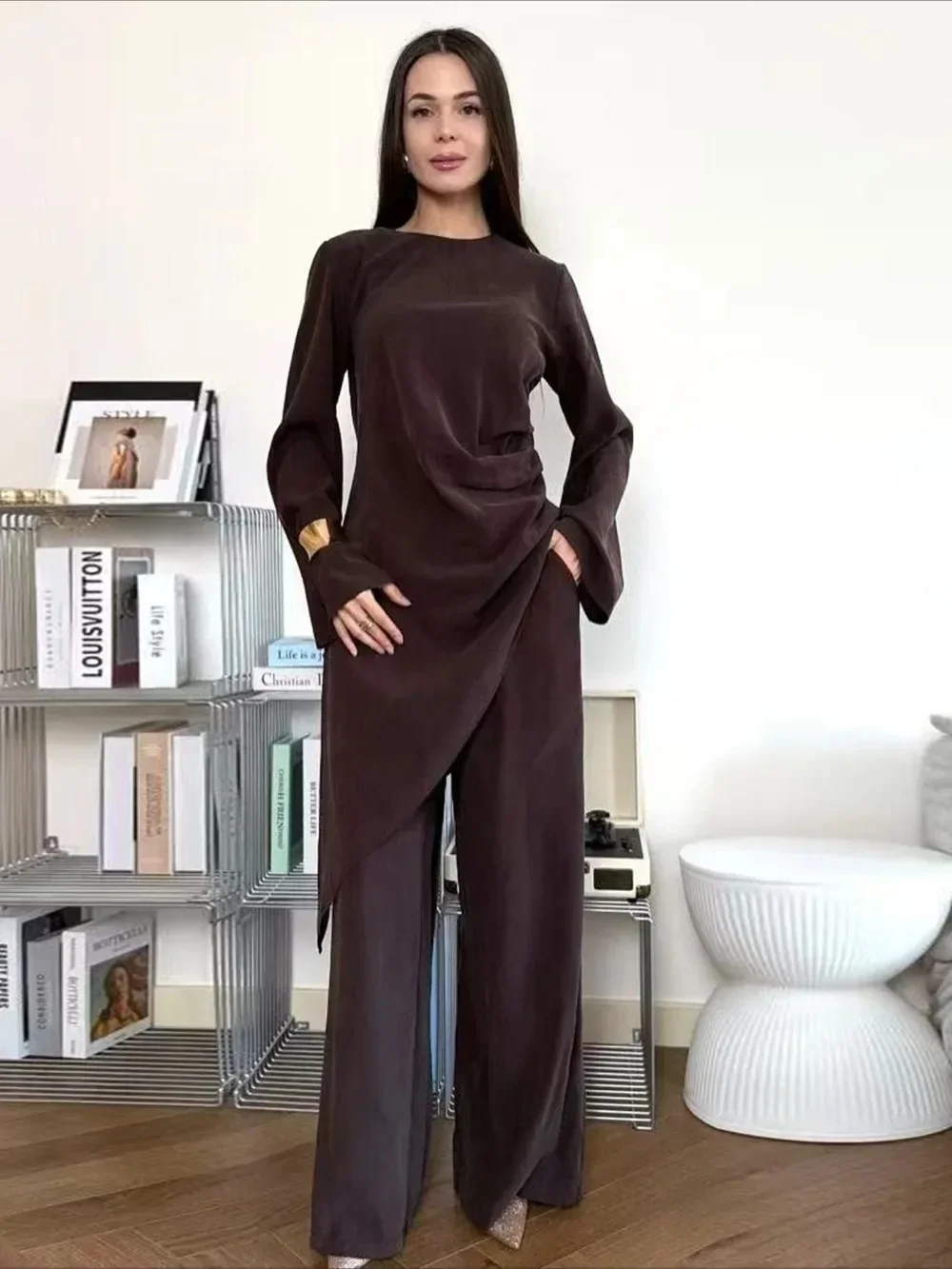 عيد المرأة 2 قطعة مجموعة قميص طويل واسعة الساق بانت مجموعات مسلم عباية رمضان العربية رداء طويل المغرب قفطان وتتسابق الدعاوى 2026 #3