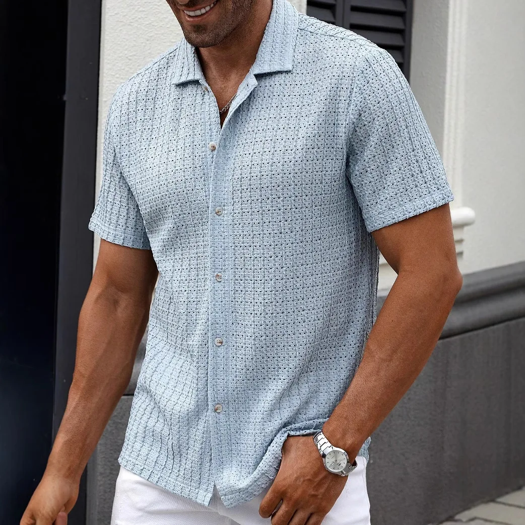 

European American Summer Casual Men's Shirts Short-sleeved Hollow Solid Color Jacquard Cardigan Tops Men