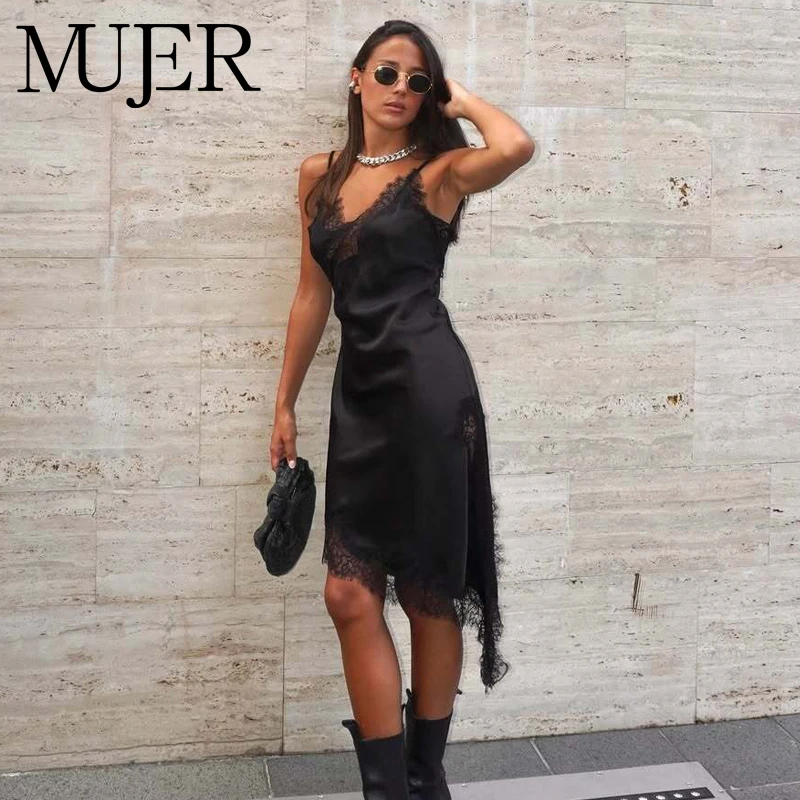 MUJER Abito sottoveste in pizzo nero Abiti corti da festa in raso da donna per le donne Abiti da donna sexy senza schienale Mini abito da notte asimmetrico