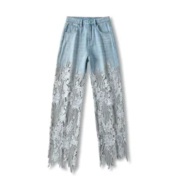 2023 New High Waist Wide-Leg Trousers Fashion Joker Openwork Lace Stitching Denim Drape Pants Female Loose Straight Pants