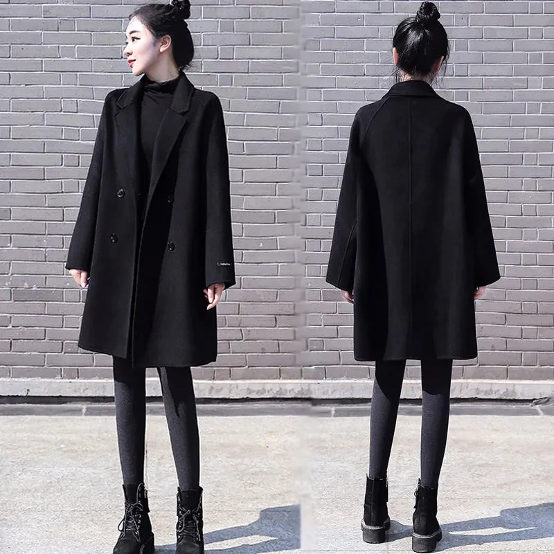 

New Elegant 2023 Autumn Winter Thicken Women's Woolen Coat Hepburn Wind Casual Large Size Female Wool Jacket Black Overcoat 3XL