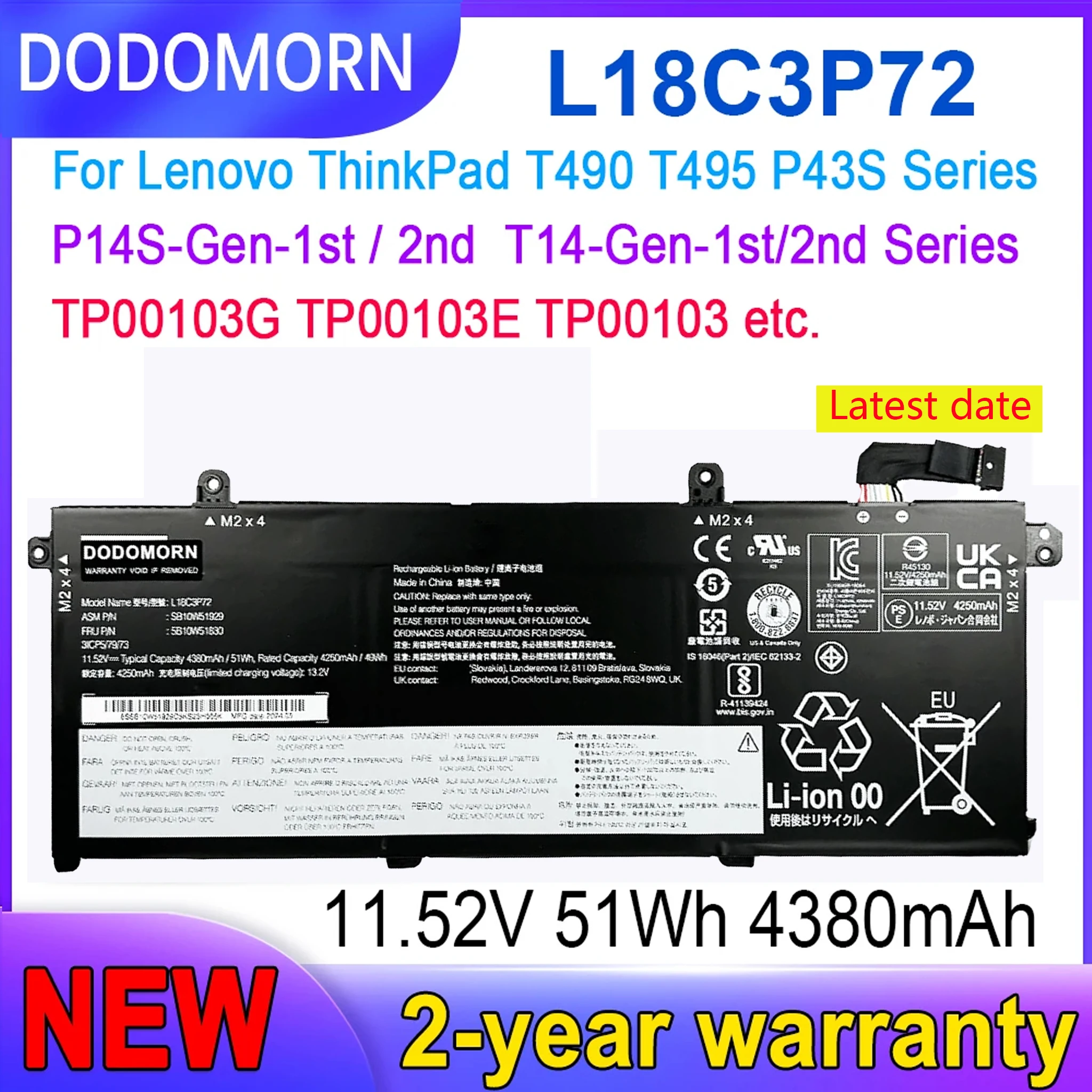 L18C3P72 Laptop Battery For Lenovo ThinkPad T490 T495 P43S P14S-Gen-1st/2nd T14-Gen-1st/2nd Series TP00103G TP00103E TP00103 etc