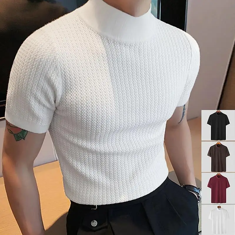 

High Neck Knitted Base Shirt Men's Water Ripple T-Shirt Youth Casual Inner Wear Lightweight Comfortable Non-deformable