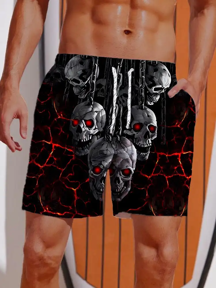 2024 Amazing Style Blue Electric Flame Skull Printing Shorts Men's Casual Board Shorts Swim Trunks Drawstring Breathable Short