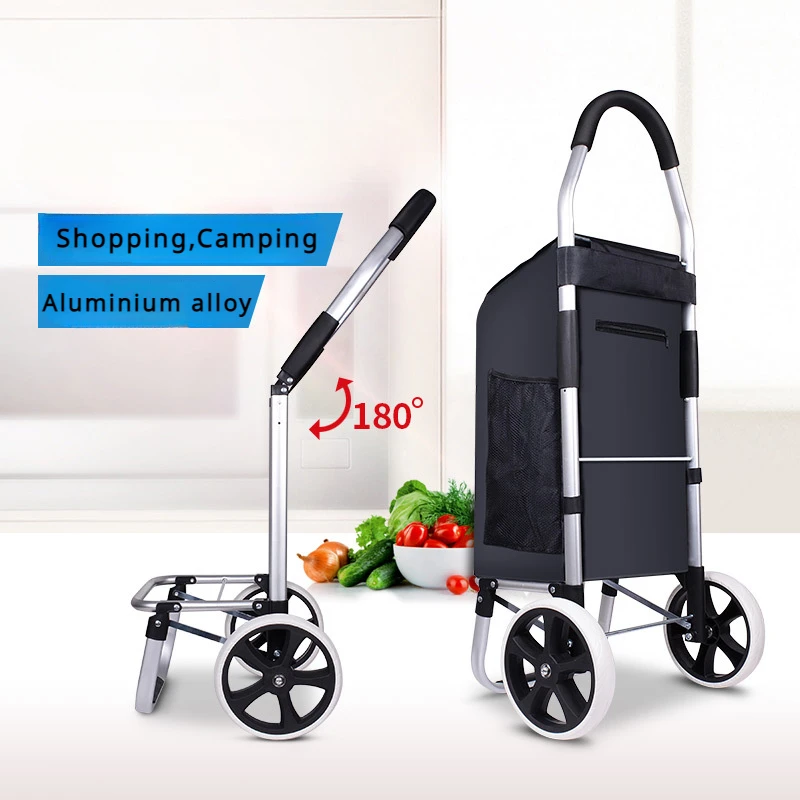 Foldable Shopping Cart Outdoor Portable Storage Bags Small Pull Cart Aluminum Alloy Tie Rod Stairs Climber Trailer for Old Man