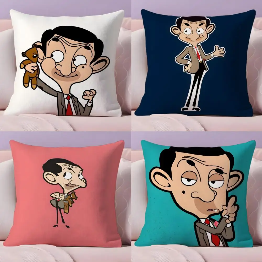 M-Mr. BeanS Cartoon Pillow Case Plush Fabric Soft Double-Sided Printed Sofa Warm Winter Home Gift Cushion Cover