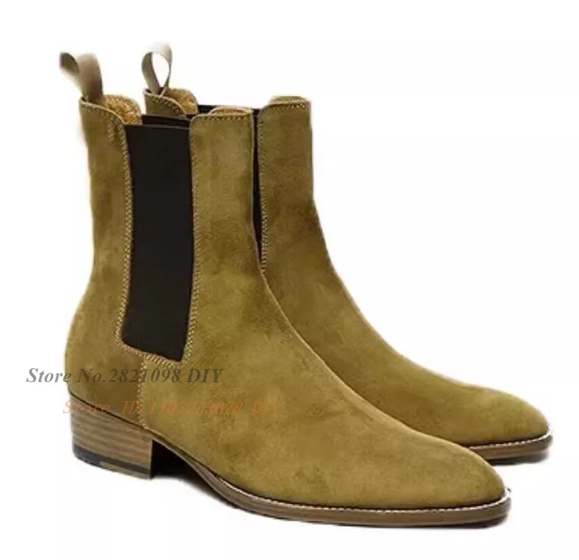 Bottes pointues brodées en cuir suédé de vache pour hommes, bottes à enfiler sur le côté, doublure à talons hauts, bottes courtes Parker, bande élastique, grande taille, ino -46