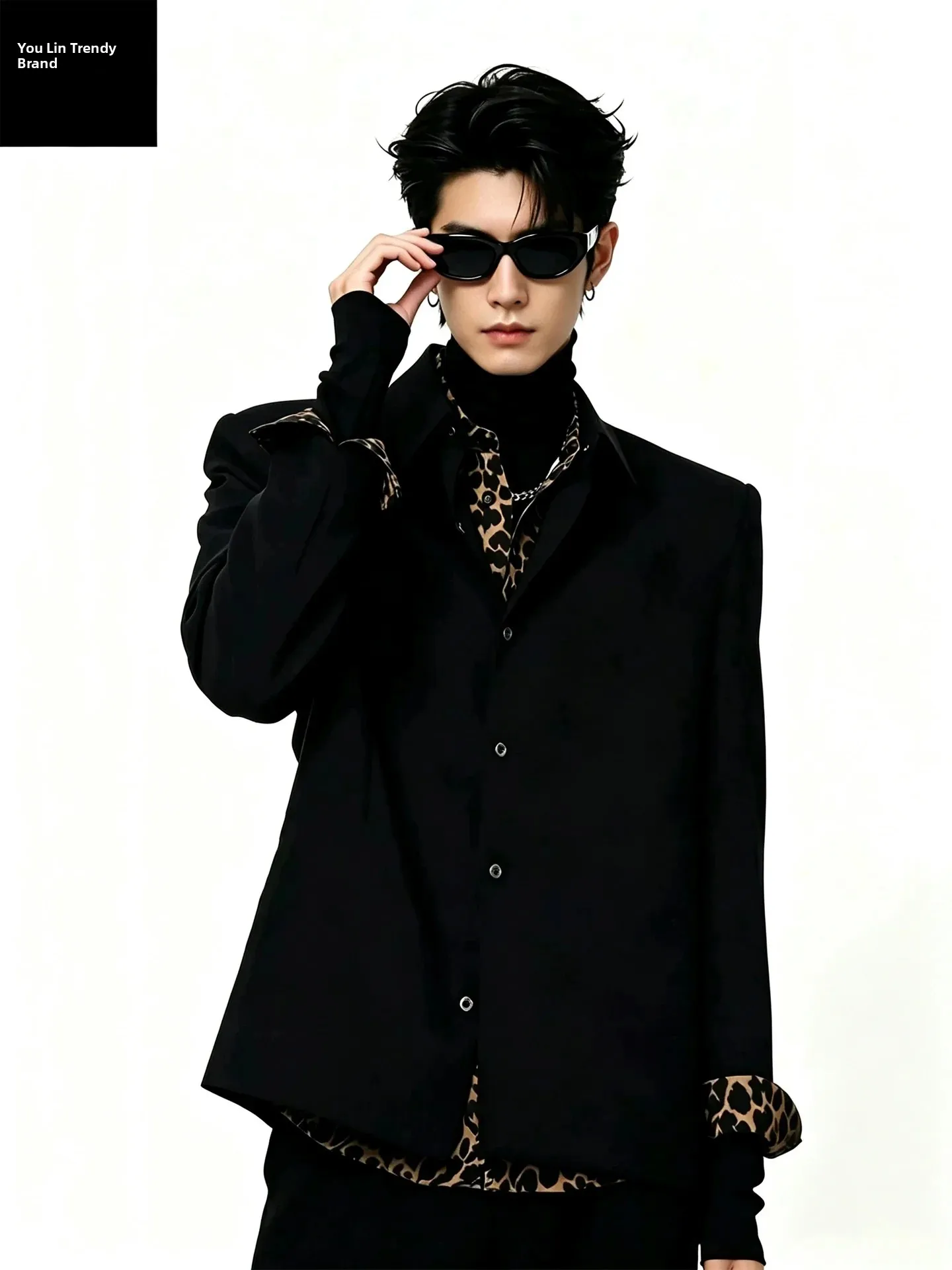Black Leopard Print Patchwork Long Sleeve Men's Shirt Stylish Fake Two-Piece Design Autumn Fashion Casual Wear Youth Trend