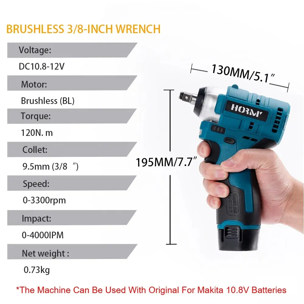 Hormy Brushless 120N.m Electric Impact Wrench 3/8 Inch Mini Matching Magnet Cordless Torque Power Tools For Makita 10.8V Battery