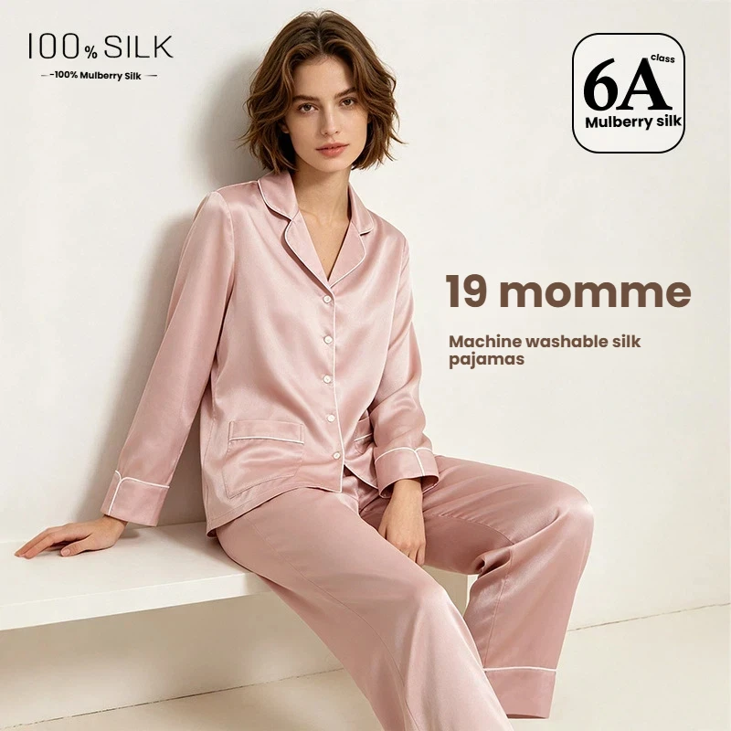 Women's 100% Mulberry Silk Pajamas Set 19 Momme Long Sleeve Machine Washable Luxury Sleepwear Comfortable Homewear Lounge Set